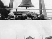 Two photos of the Liberty Bell, a close-up and a wide-angle, show the early morning crowd gathered near Vancouver's Northern Pacific railroad depot. The bell toured the nation's heartland and then headed down the West Coast to promote the San Francisco Panama-Pacific Exhibition in the summer of 1915.