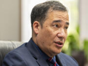 Washington Secretary of State Steve Hobbs talks to The Columbian editorial board Tuesday.