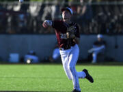 Raptors shortstop Mikey Kane throws the ball Tuesday, June 28, 2022, during a game between the Ridgefield Raptors and the Portland Pickles at the Ridgefield Outdoor Recreation Complex.