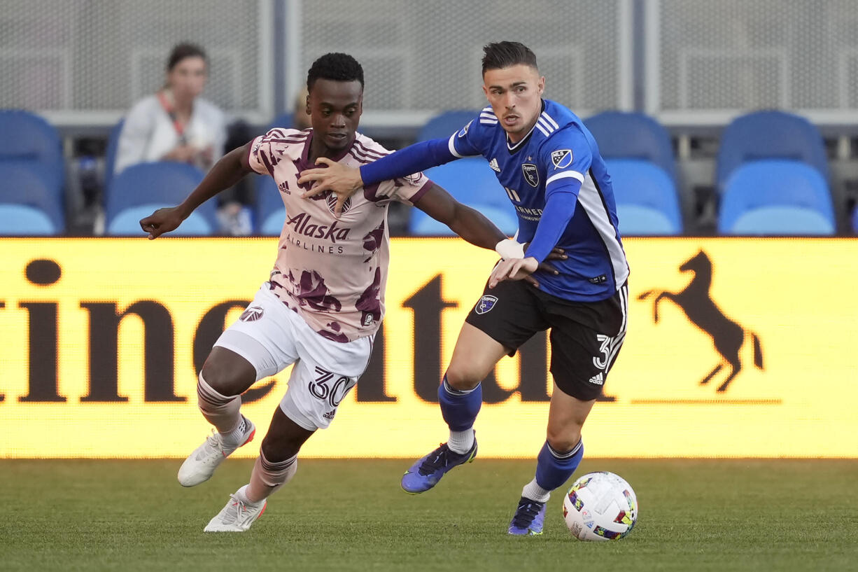 Portland Timbers midfielder Santiago Moreno (30), here against the San Jose Earthquakes, scored a pair of goals against the Houston Dynamo in the space of two minutes in the first half as Portland went on to win 2-1 Wednesday.