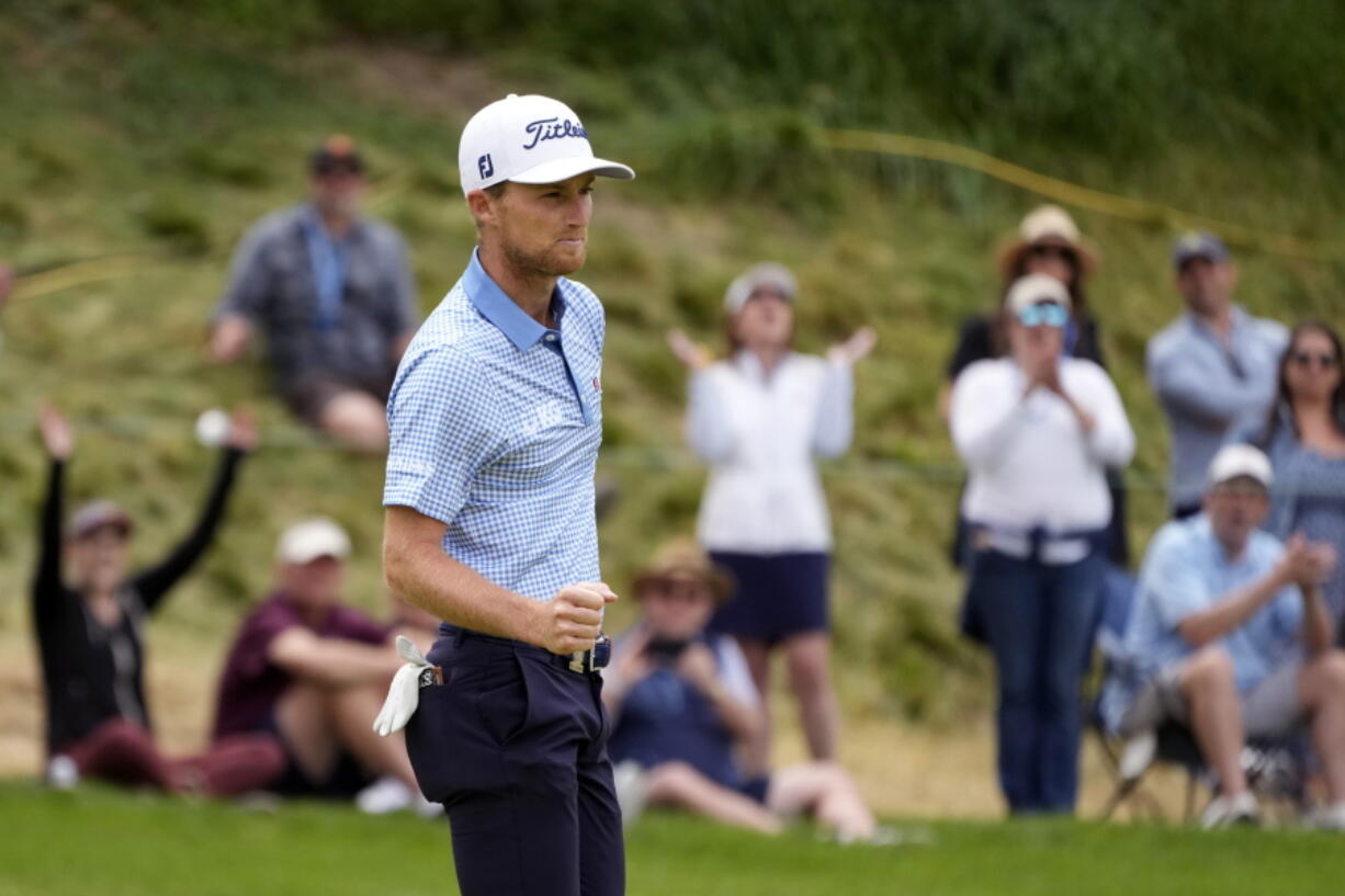 Will Zalatoris reacts after making a birdie on the fourth hole during the third round of the U.S. Open golf tournament at The Country Club, Saturday, June 18, 2022, in Brookline, Mass.