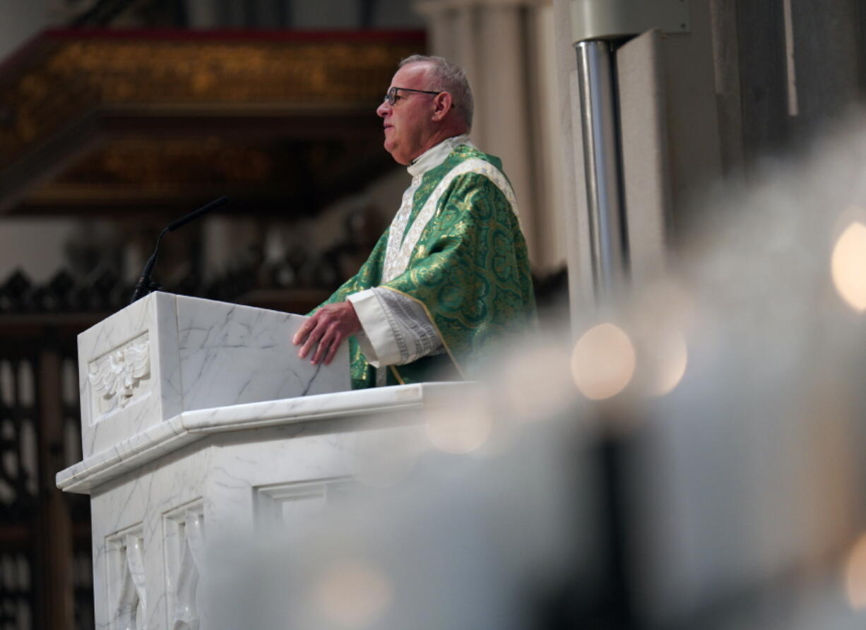 The Very Rev. Kris Stubna, rector of St. Paul Cathedral Parish, preaches on the topic of abortion after the recent Supreme Court decision to overturn Roe v. Wade during Mass at St. Paul Catholic Cathedral in Pittsburgh on Sunday, June 26, 2022. During his service, Stubna said the overturning of the nearly 50-year-old Roe v. Wade ruling was the result of prayers and efforts of many Catholics and others.