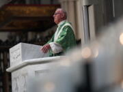 The Very Rev. Kris Stubna, rector of St. Paul Cathedral Parish, preaches on the topic of abortion after the recent Supreme Court decision to overturn Roe v. Wade during Mass at St. Paul Catholic Cathedral in Pittsburgh on Sunday, June 26, 2022. During his service, Stubna said the overturning of the nearly 50-year-old Roe v. Wade ruling was the result of prayers and efforts of many Catholics and others.