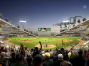 In this artists rendering provided by the Oakland Athletics is a home plate view of their proposed ballpark at Howard Terminal near Jack London Square in Oakland, Calif. The San Francisco Bay and Development Commission are to vote Thursday, June 30, 2022, on the Oakland Athletics' application to remove Howard Terminal's port designation. A vote in favor would clear the way for designation as a mixed-use development site.