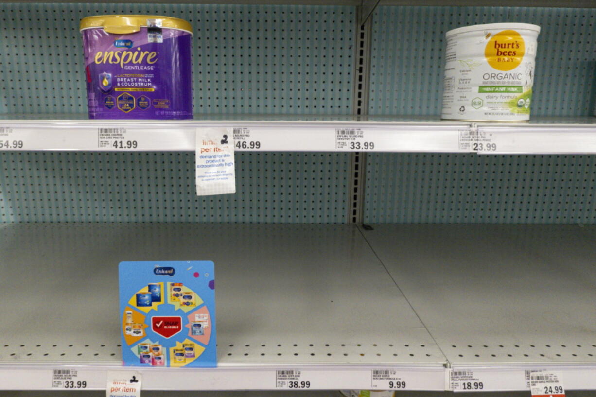 FILE - Baby formula is displayed on the shelves of a grocery store in Carmel, Ind. on May 10, 2022. A bill introduced early June, 2022, would require the Food and Drug Administration to inspect infant formula facilities every six months. U.S. regulators have historically inspected baby formula plants at least once a year, but they did not inspect any of the three biggest manufacturers in 2020.