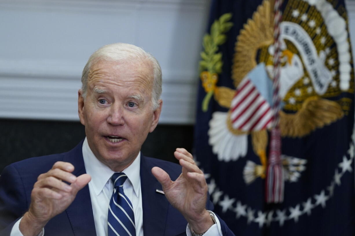 President Joe Biden speaks during a meeting in the Roosevelt Room of the White House in Washington, Thursday, June 23, 2022, with governors, labor leaders, and private companies launching the Federal-State Offshore Wind Implementation Partnership. The new partnership focuses on boosting the offshore wind industry.