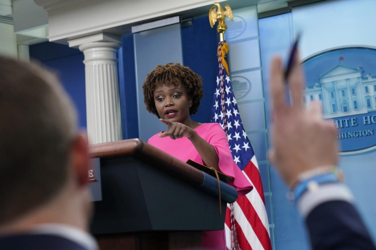 FILE - White House press secretary Karine Jean-Pierre speaks during the daily briefing at the White House in Washington, on May 26, 2022. Not even the White House is immune from the economic trend known as the "great resignation" as employers struggle to fill vacancies and workers jump to new jobs at record rates. The Biden administration is undergoing a period of unusually high staff turnover as President Joe Biden nears his 18-month mark in office.