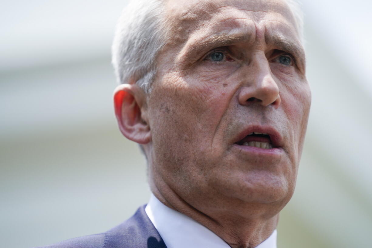 NATO Secretary General Jens Stoltenberg talks to reporters outside the White House after meeting with President Joe Biden, Thursday, June 2, 2022, in Washington.