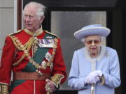 Britain's Prince Charles and Queen Elizabeth II, atch the Trooping of the Color in London, Thursday June 2, 2022, on the first of four days of celebrations to mark the Platinum Jubilee. The events over a long holiday weekend in the U.K. are meant to celebrate the monarch's 70 years of service.