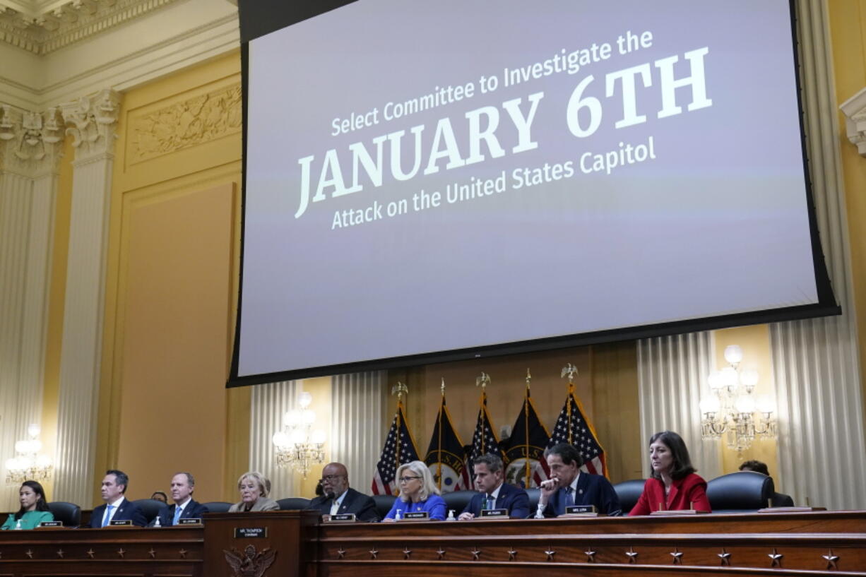 From left to right, Rep. Stephanie Murphy, D-Fla., Rep. Pete Aguilar, D-Calif., Rep. Adam Schiff, D-Calif., Rep. Zoe Lofgren, D-Calif., Chairman Bennie Thompson, D-Miss., Vice Chair Liz Cheney, R-Wyo., Rep. Adam Kinzinger, R-Ill., Rep. Jamie Raskin, D-Md., and Rep. Elaine Luria, D-Va., are seated as the House select committee investigating the Jan. 6 attack on the U.S. Capitol holds its first public hearing to reveal the findings of a year-long investigation, at the Capitol in Washington, Thursday, June 9, 2022. (AP Photo/J.