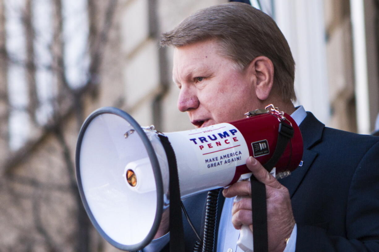 FILE - Former Nevada Assemblyman Jim Marchant addresses a crowd in front of the Nevada Capitol, March 4, 2021, in Carson, City, Nev. Marchant insisted there hadn't been a legitimate election in his state in more than a decade.