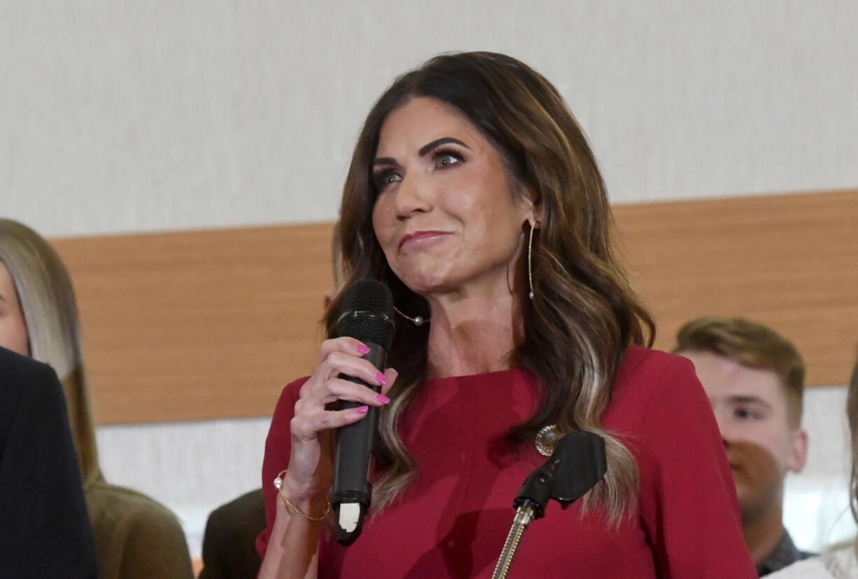 South Dakota Governor Kristi Noem speaks after winning the gubernatorial primary at an election night watch party on Tuesday, June 7, 2022, at the Hilton Garden Inn in Sioux Falls, S.D.