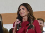 South Dakota Governor Kristi Noem speaks after winning the gubernatorial primary at an election night watch party on Tuesday, June 7, 2022, at the Hilton Garden Inn in Sioux Falls, S.D.