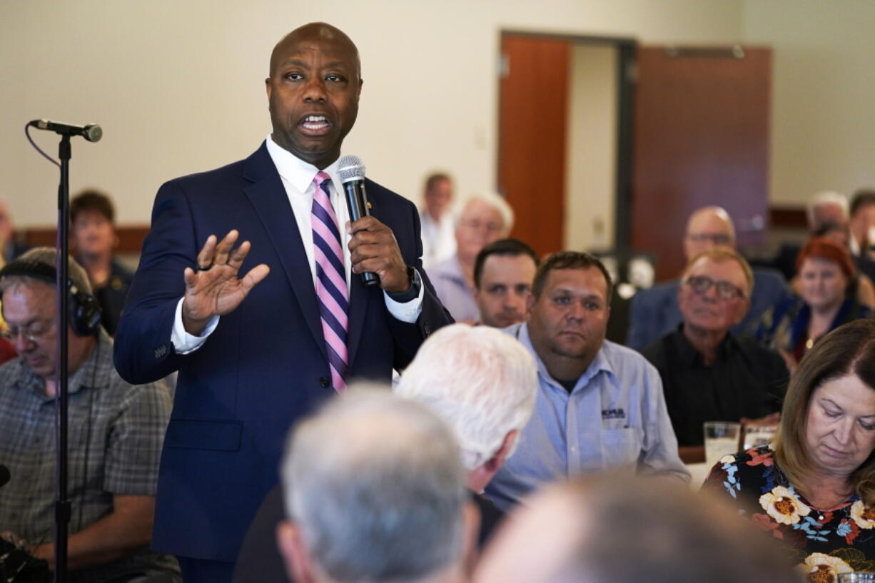 Sen. Tim Scott, R-S.C., speaks during an Iowa GOP reception June 9 in Cedar Rapids, Iowa.