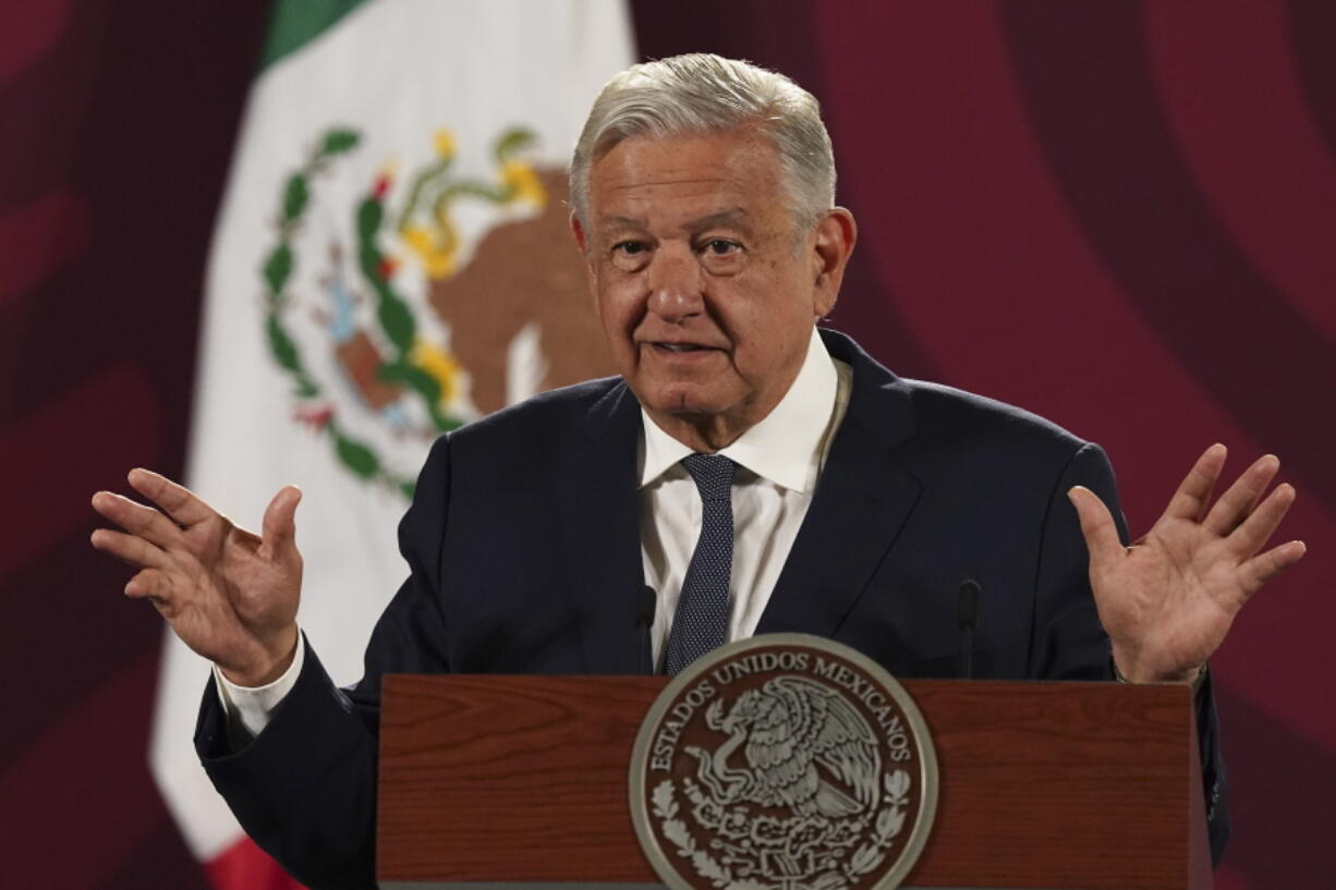 Mexico's President Andres Manuel Lopez Obrador speaks during his daily press conference at the National Palace, in Mexico City, Wednesday, June 22, 2022.