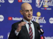 NBA Commissioner Adam Silver speaks at a news conference before Game 1 of basketball's NBA Finals between the Golden State Warriors and the Boston Celtics in San Francisco, Thursday, June 2, 2022.