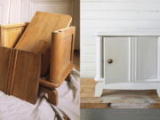 A disassembled wood cabinet, left, and the cabinet refinished with white paint and brass hardware, featured in the book "Probably This Housewarming: A Guide to Creating a Home You Adore," by Beau Ciolino and Matt Armato.