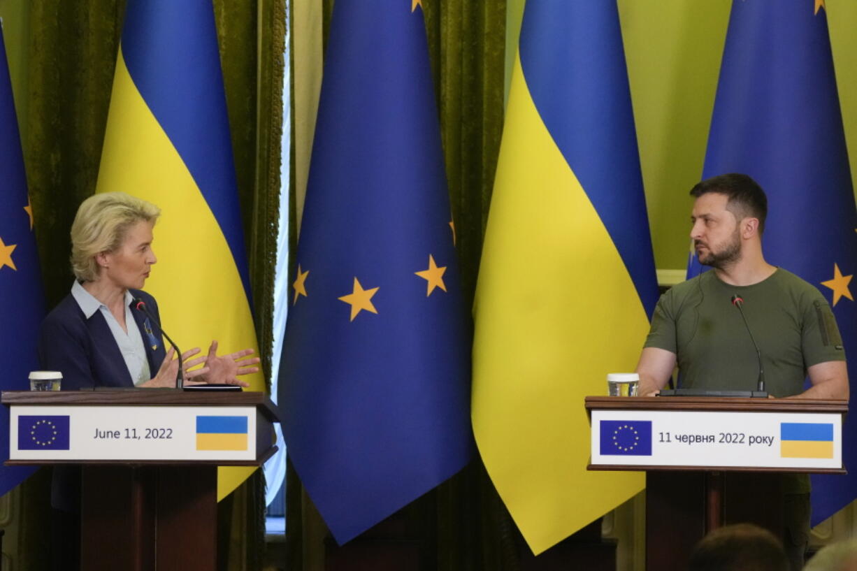 European Commission President Ursula von der Leyen, left, speaks during a joint press conference with Ukraine President Volodymyr Zelenskyy in Kyiv, Ukraine, Saturday, June 11, 2022. Von der Leyen is making her second visit to Ukraine since Russia invaded its neighbor. She was one of the first European leaders to go to Ukraine during the war.