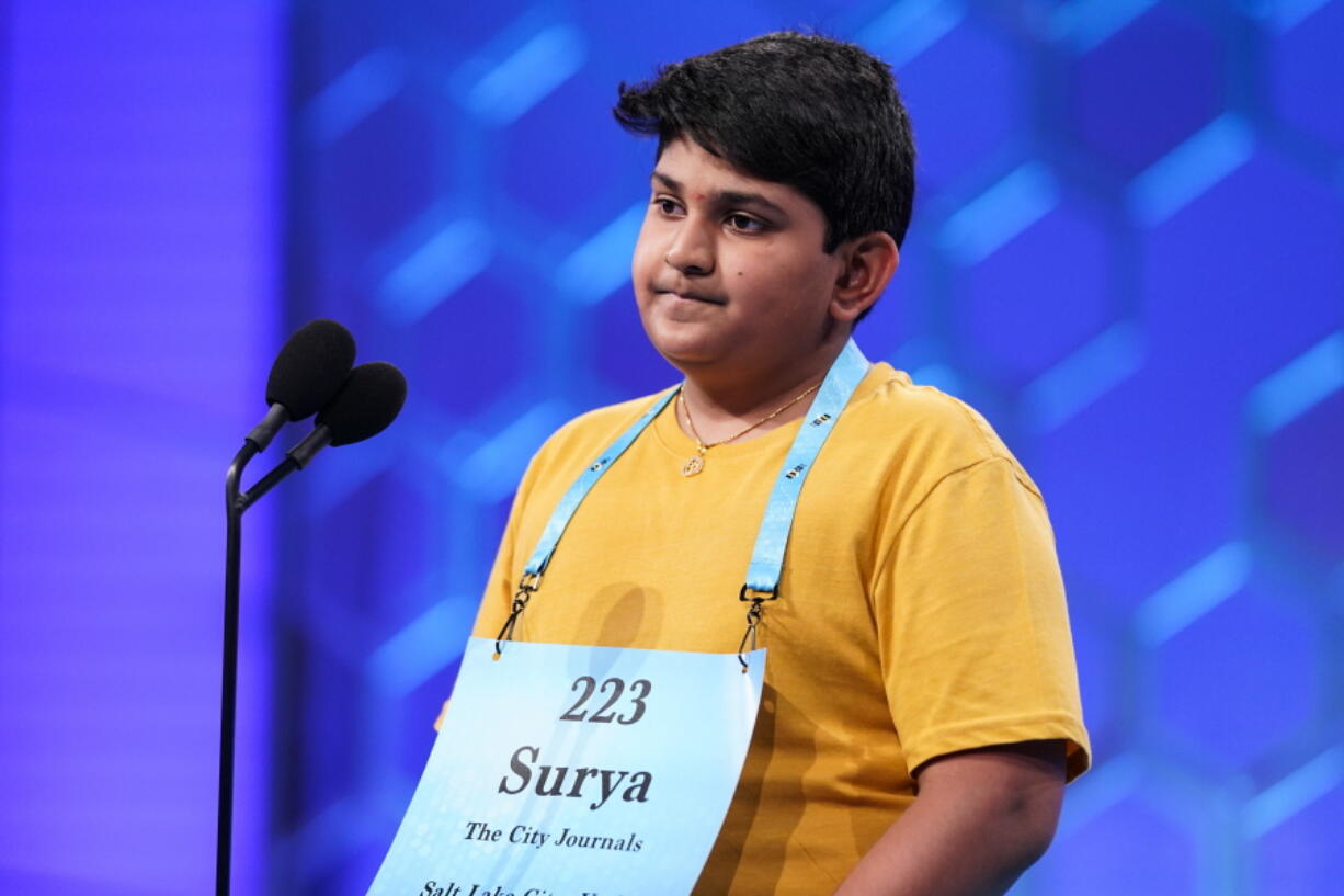 Surya Kapu, 13, from South Jordan, Utah, competes during the Scripps National Spelling Bee, Wednesday, June 1, 2022, in Oxon Hill, Md.