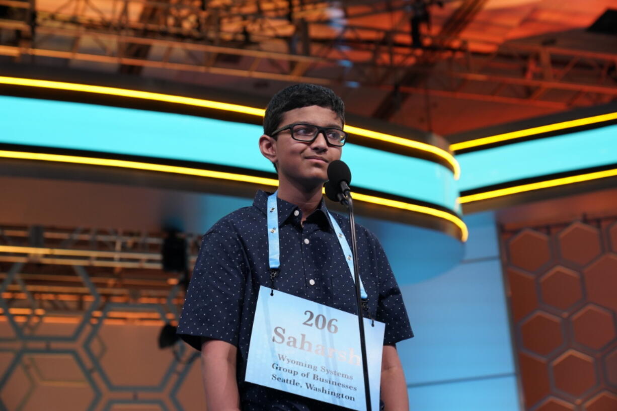 Saharsh Vuppala, 13, from Bellevue, reacts during the finals of the Scripps National Spelling Bee on Thursday in Oxon Hill, Md.