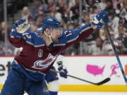 Colorado Avalanche right wing Valeri Nichushkin celebrates his goal against the Tampa Bay Lightning during the second period in Game 2 of the NHL hockey Stanley Cup Final, Saturday, June 18, 2022, in Denver.