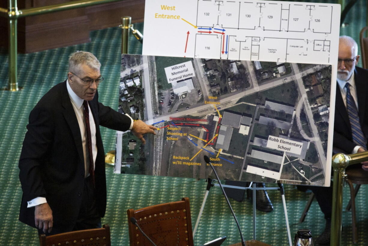 Texas Department of Public Safety Director Steve McCraw uses maps and graphics to present a timeline of the school shooting at Robb Elementary School in Uvalde, during a hearing , Tuesday, June 21, 2022, in Austin, Texas. Two teachers and 19 students were killed.