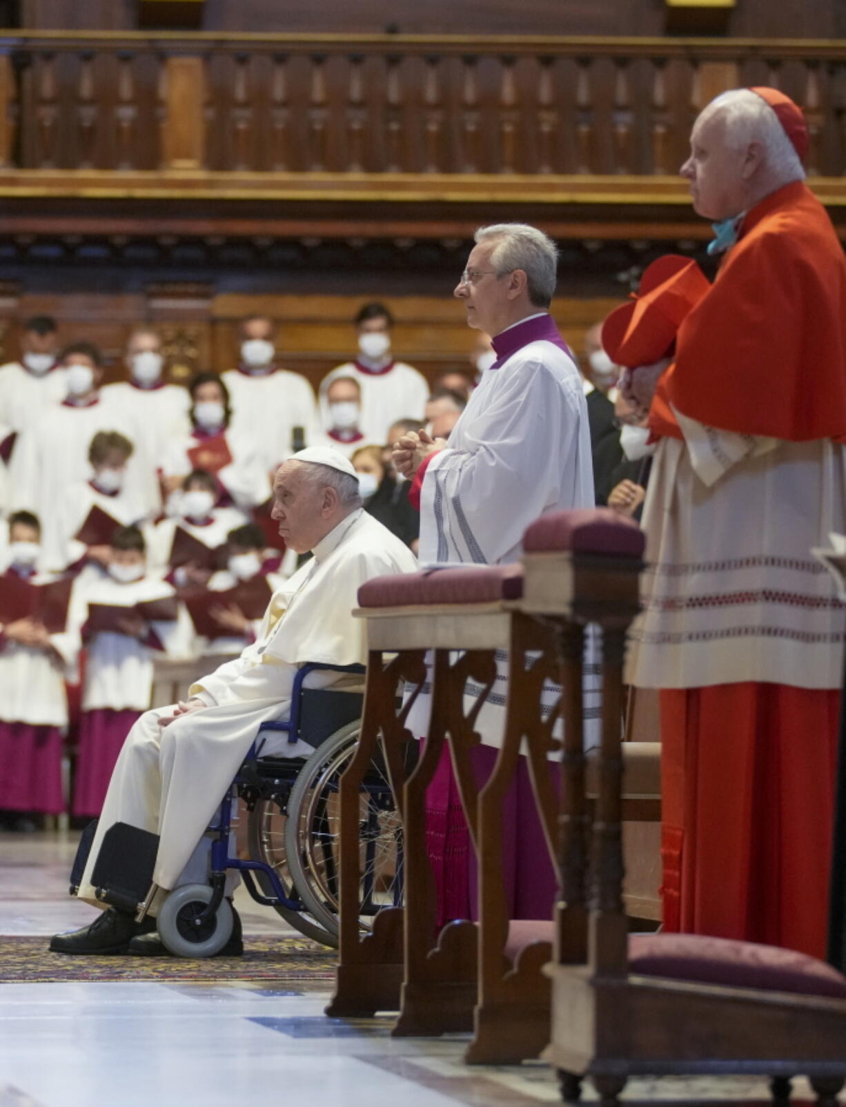 Pope Francis attends in a wheelchair the funerals for late Cardinal Angelo Sodano in St. Peter's Basilica at The Vatican, Tuesday, May 31, 2022. Pope Francis canceled a planned July trip to Africa on doctors' orders because of ongoing knee problems, the Vatican said Friday, June 10, 2022, raising further questions about the health and mobility problems of the 85-year-old pontiff.