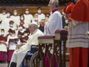 Pope Francis attends in a wheelchair the funerals for late Cardinal Angelo Sodano in St. Peter's Basilica at The Vatican, Tuesday, May 31, 2022. Pope Francis canceled a planned July trip to Africa on doctors' orders because of ongoing knee problems, the Vatican said Friday, June 10, 2022, raising further questions about the health and mobility problems of the 85-year-old pontiff.