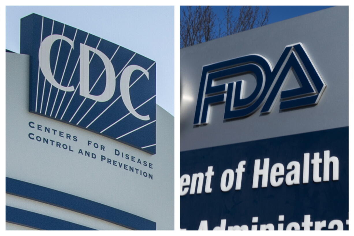 This combination of 2022 and 2020 file  photos shows logos for the U.S. Centers for Disease Control and Prevention and the Food and Drug Administration. On Wednesday, June 15, 2022, both Moderna and Pfizer will have to convince what's essentially a science court -- advisers to the Food and Drug Administration -- that their shots work well in babies, toddlers and preschoolers. If the FDA's advisers endorse one or both shots for them -- and the FDA agrees -- there's still another hurdle. The Centers for Disease Control and Prevention must recommend whether all tots need immunization or just those at high risk from the virus.