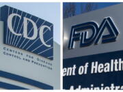 This combination of 2022 and 2020 file  photos shows logos for the U.S. Centers for Disease Control and Prevention and the Food and Drug Administration. On Wednesday, June 15, 2022, both Moderna and Pfizer will have to convince what's essentially a science court -- advisers to the Food and Drug Administration -- that their shots work well in babies, toddlers and preschoolers. If the FDA's advisers endorse one or both shots for them -- and the FDA agrees -- there's still another hurdle. The Centers for Disease Control and Prevention must recommend whether all tots need immunization or just those at high risk from the virus.