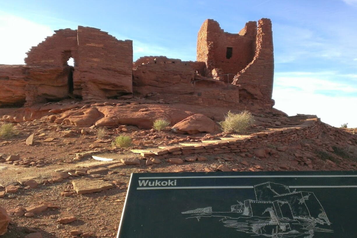 This photo shows the remains of a multilevel stone dwelling at Wupatki National Monument outside Flagstaff, Arizona, on Feb. 17, 2014. The monument has been evacuated twice during spring 2022 because of wildfires.