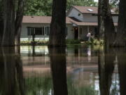 Aileen Rogers helps clean out a friend's house badly damaged by the severe flooding in Fromberg, Mont., Friday, June 17, 2022.