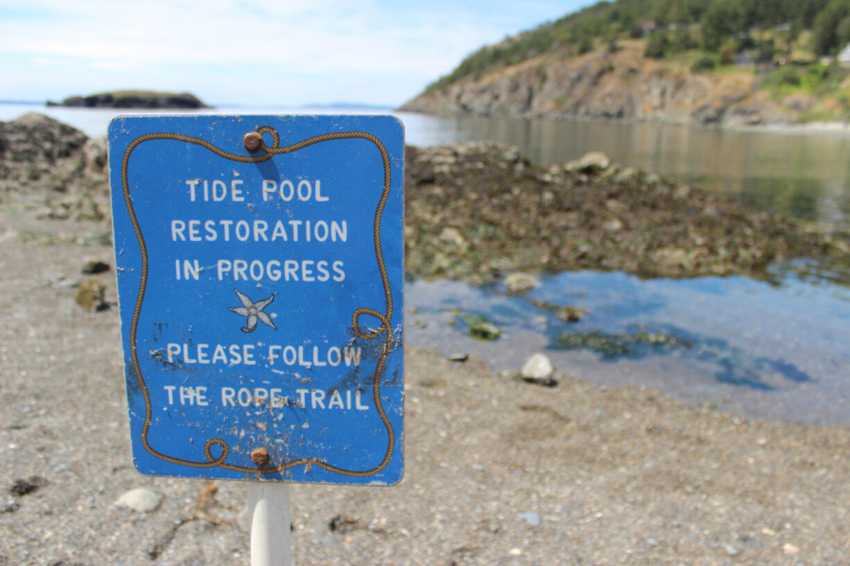 A sign reminds visitors to the Rosario tide pools to tread carefully; the popular pools were once overrun and threatened with ecological collapse.