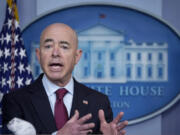 Secretary of Homeland Security Alejandro Mayorkas speaks during the daily press briefing at the White House on March 1, 2021, in Washington, D.C.