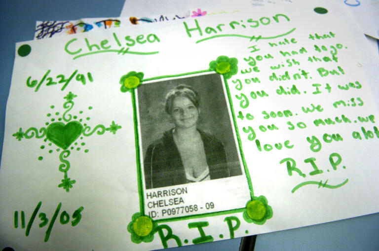 This photo shows one example of the many posters that students at Evergreen High School created in November 2005 in memory of Chelsea Harrison, 14.