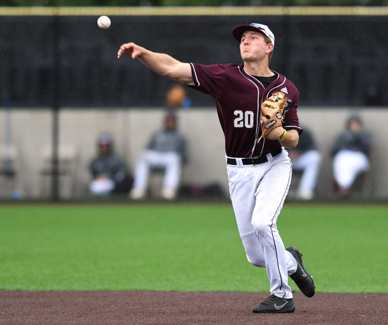 Raptors shortstop Mikey Kane throws the ball Wednesday, July 6, 2022, during a game between the Ridgefield Raptors and the Corvallis Knights at the Ridgefield Outdoor Recreation Complex.