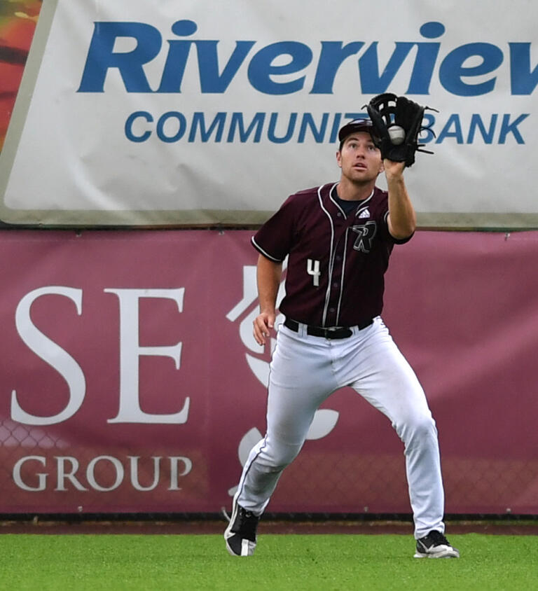 Raptors outfielder Doyle Kane catches a fly ball Wednesday, July 6, 2022, during a game between the Ridgefield Raptors and the Corvallis Knights at the Ridgefield Outdoor Recreation Complex.