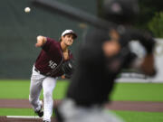 Raptors pitcher Cooper Rons throws the ball Wednesday, July 6, 2022, during a game between the Ridgefield Raptors and the Corvallis Knights at the Ridgefield Outdoor Recreation Complex.