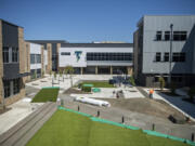 Construction continues in the courtyard area of the new Mountain View High School building on Tuesday morning. A student store, where students can work and sell snacks and Mountain View merchandise during non-school hours, will border the courtyard.