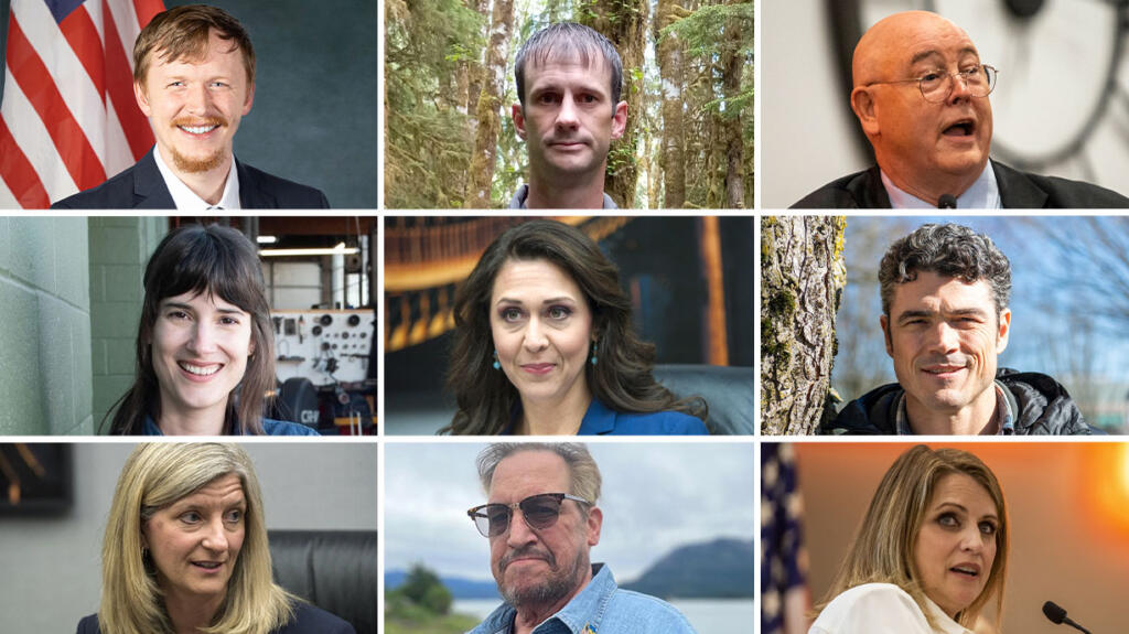 Candidates for the 3rd Congressional District: (top row from left) Oliver Black, Chris Byrd, Leslie French; (center row) Marie Gluesenkamp Perez; incumbent Jaime Herrera Beutler; Joe Kent: (bottom row) Vicki Kraft, Davy Ray and Heidi St. John.