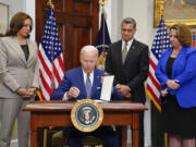 President Joe Biden signs an executive order on abortion access during an event in the Roosevelt Room of the White House, Friday, July 8, 2022, in Washington. From left, Vice President Kamala Harris, Health and Human Services Secretary Xavier Becerra, and Deputy Attorney General Lisa Monaco look on.