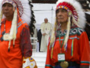 Pope Francis arrives for a meeting with indigenous communities, including First Nations, Metis and Inuit, at Our Lady of Seven Sorrows Catholic Church in Maskwacis, near Edmonton, Canada, Monday, July 25, 2022. Pope Francis begins a "penitential" visit to Canada to beg forgiveness from survivors of the country's residential schools, where Catholic missionaries contributed to the "cultural genocide" of generations of Indigenous children by trying to stamp out their languages, cultures and traditions. Francis set to visit the cemetery at the former residential school in Maskwacis.