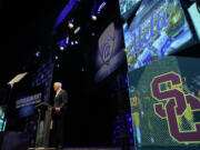 Pac-12 Conference commissioner George Kliavkoff speaks at the Pac-12 NCAA college football media day Friday, July 29, 2022, in Los Angeles.