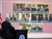 President Joe Biden participates in a virtual meeting with Democratic governors on the issue of abortion rights, in the South Court Auditorium on the White House campus, Friday, July 1, 2022, in Washington.