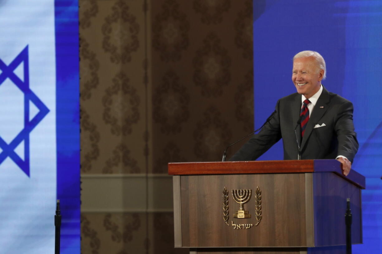 U.S. President Joe Biden speaks at a press conference with Israeli Prime Minister Yair Lapid, at the Waldorf Astoria Hotel in Jerusalem, Thursday, July 14, 2022.