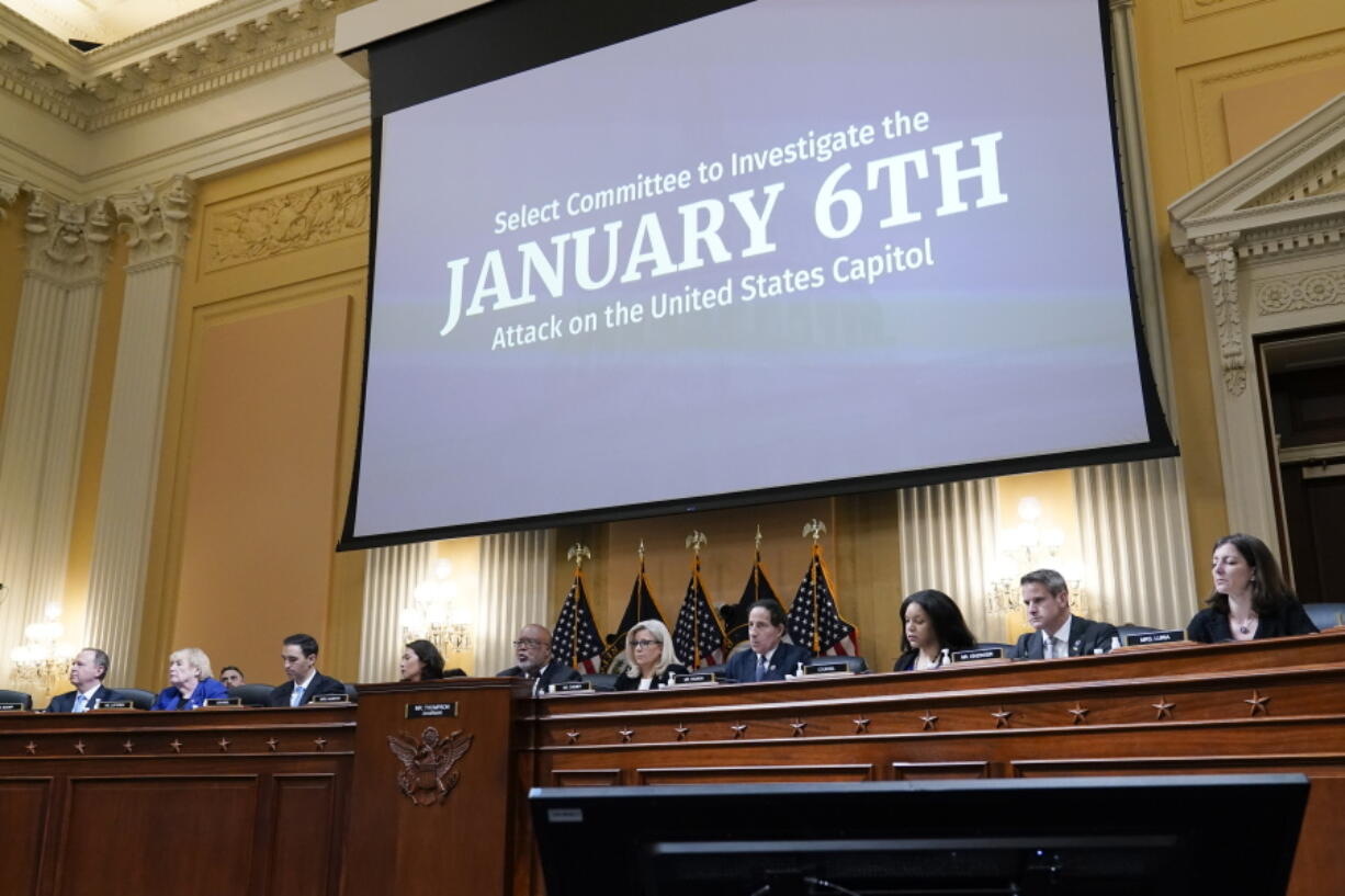 FILE - From left, Rep. Adam Schiff, D-Calif., Rep. Zoe Lofgren, D-Calif., staff counsel Dan George, Rep. Stephanie Murphy, D-Fla., Chairman Rep. Bennie Thompson, D-Miss., Vice Chair Rep. Liz Cheney, R-Wyo., Rep. Jamie Raskin, D-Md., staff counsel Candyce Phoenix, Rep. Adam Kinzinger, R-Ill., and Rep. Elaine Luria, D-Va., sit on the dais as the House select committee investigating the Jan. 6 attack on the U.S. Capitol holds a hearing at the Capitol in Washington, Tuesday, July 12, 2022. (AP Photo/J.