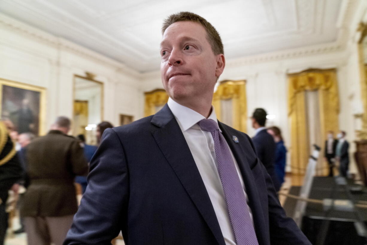 FILE - Former deputy national security adviser Matthew Pottinger departs after President Donald Trump awarded the Medal of Honor to Army Sgt. Maj. Thomas P. Payne in the East Room of the White House, Sept. 11, 2020, in Washington. Pottinger and Sarah Matthews will be the key witnesses at the House Jan. 6 committee's prime-time hearing on July 21, as the panel examines what Trump was doing as his supporters broke into the Capitol.