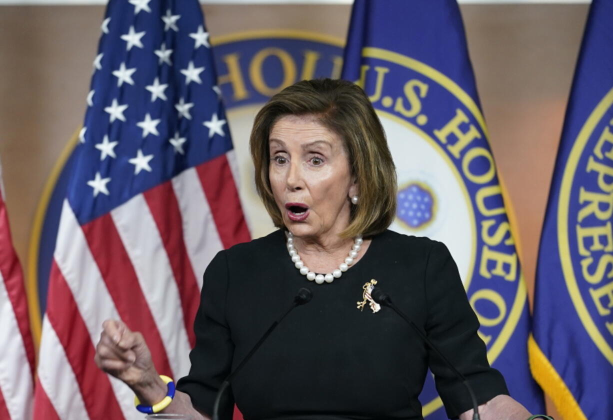 House Speaker Nancy Pelosi of Calif., speaks at her weekly news conference, Thursday, July 14, 2022, on Capitol Hill in Washington.The House is expected to vote on two bills that would restore and guarantee abortion access nationwide. It's the Democrats' first attempt at responding legislatively to the Supreme Court's seismic decision overturning Roe v. Wade.