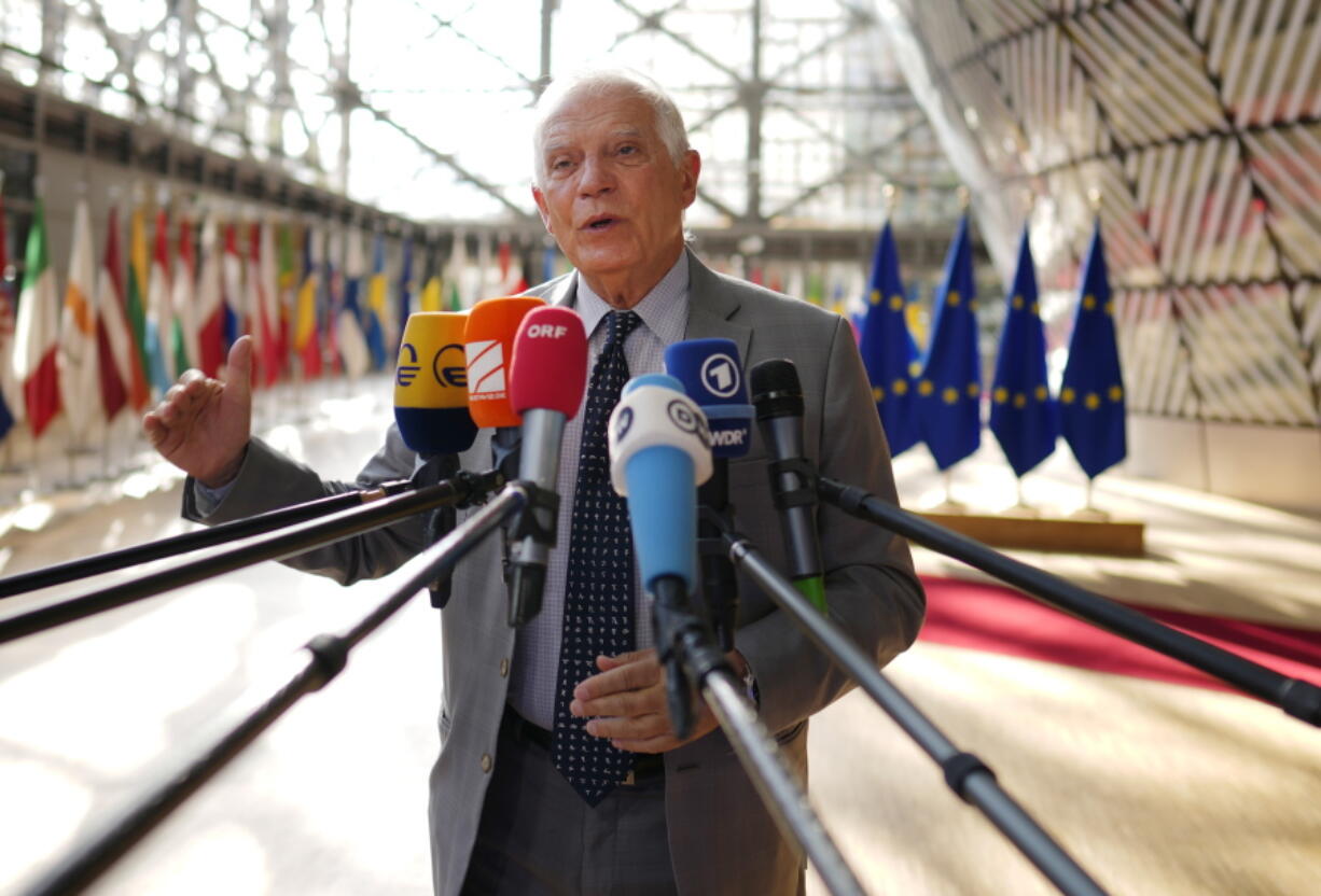 European Union foreign policy chief Josep Borrell speaks with the media as he arrives for a meeting of EU foreign ministers in Brussels on Monday, July 18, 2022. European Union foreign ministers are zooming in Monday on tightening the extensive package of sanctions on Russia and looking at ways to add a ban on gold exports in hopes that the measures might finally start to have a decisive impact on the war in Ukraine.