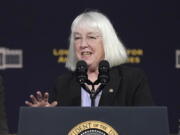 U.S. Sen. Patty Murray, D-Wash., speaks at an event with President Joe Biden on April 22, 2022, in Auburn, Wash., south of Seattle. Murray is being challenged by Tiffany Smiley, a Republican from Pasco, Wash., in the upcoming election. (AP Photo/Ted S.